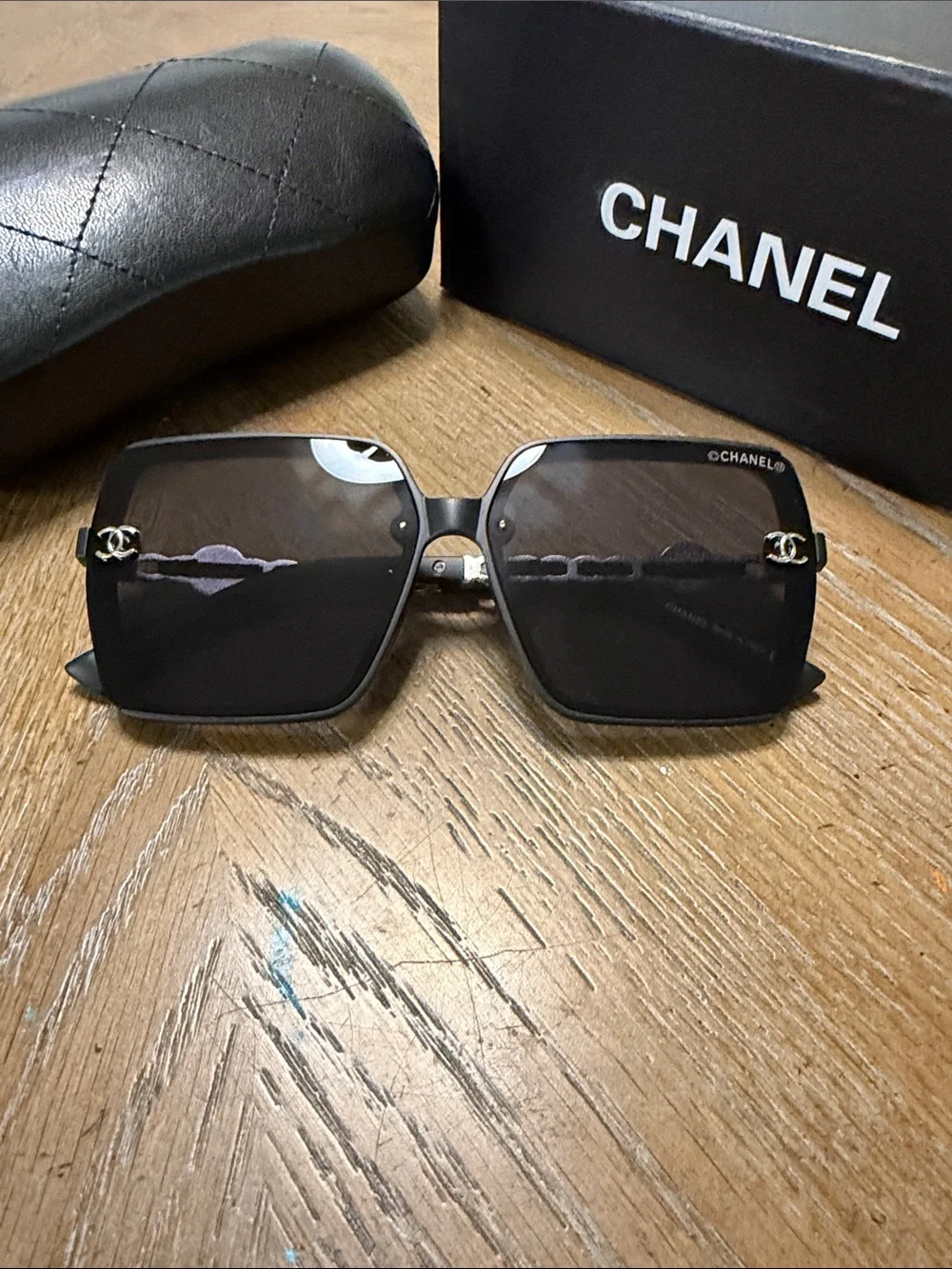 CHANEL Black Square Oversized Sunglasses with Silver CC Temples